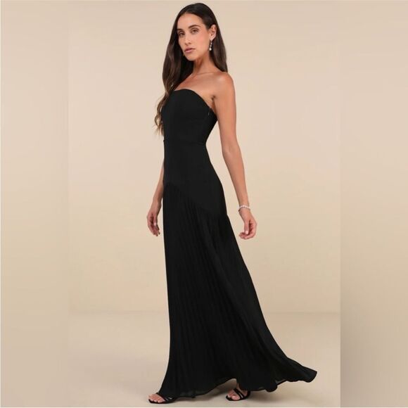 Lulus Celebratory Aesthetic Black Pleated Strapless Maxi Dress Size Large - Picture 4 of 7